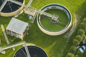 Aerial View Of Modern Water Cleaning Facility At Urban Wastewate